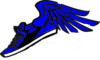 Blue athletic shoe with wings.