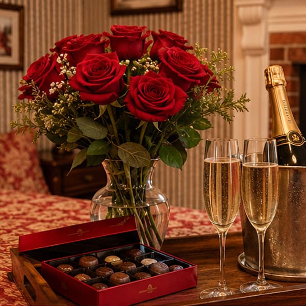 A bouquet of red roses, a box of chocolates, and two flutes of champagne on a table.