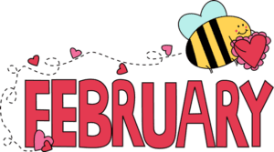 Colorful illustration of the word "February" with a bee holding a heart and small pink hearts around. Colorful illustration of the word "February" with a bee holding a heart and small pink hearts around.