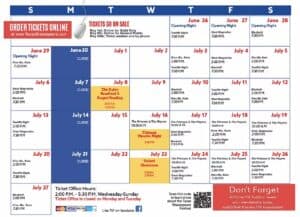 Event calendar with performance dates and ticket information for June and July.