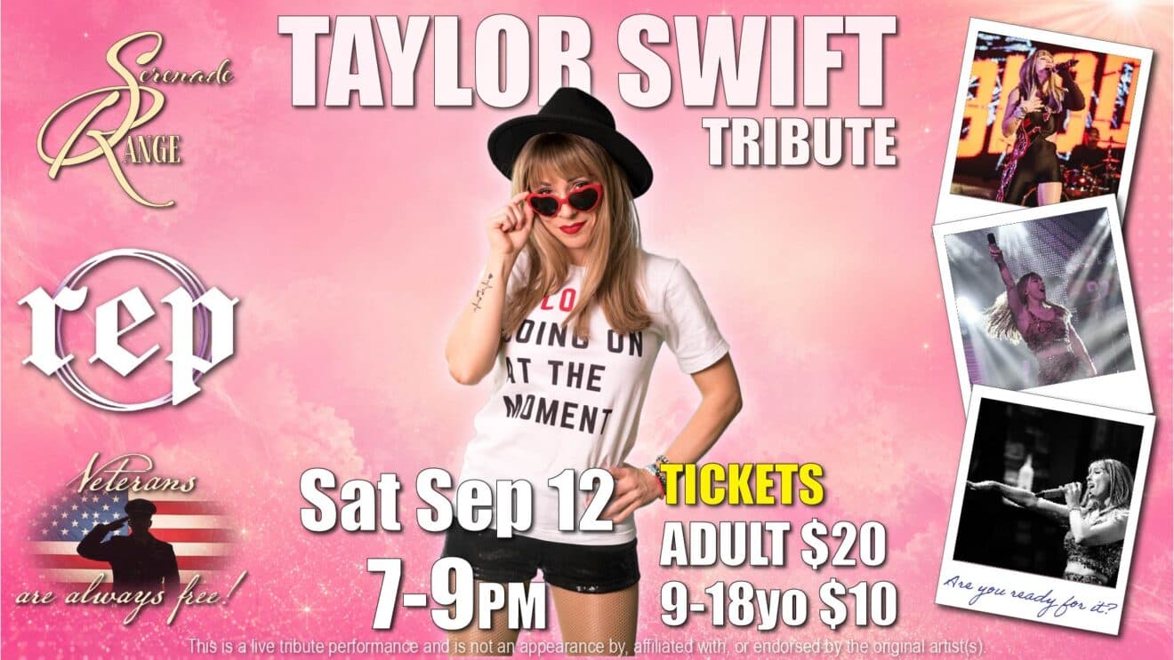 Promotional image for a Taylor Swift tribute event featuring a singer in a stylish outfit, with event details prominently displayed.