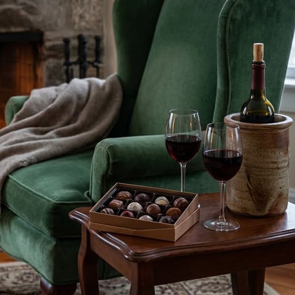 A cozy green armchair beside a table with wine, chocolate truffles, and a warm blanket.