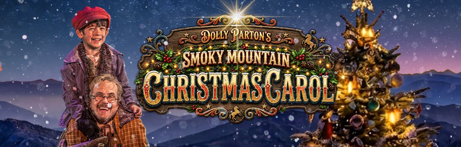 A festive graphic featuring Dolly Parton's Smoky Mountain Christmas Carol, with a child and an older man in front of a decorated tree and mountains.