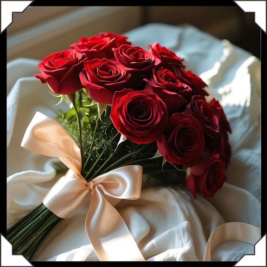 A bouquet of red roses tied with a satin ribbon rests on a soft surface.