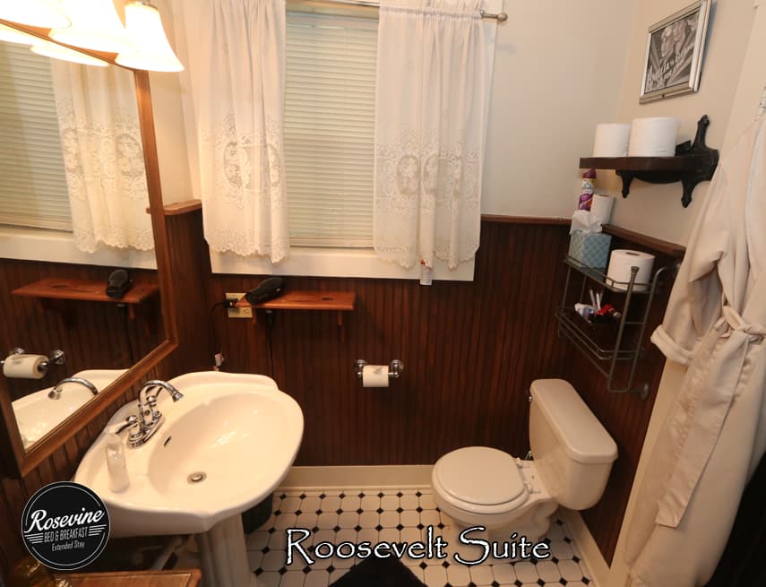 The Roosevelt bathroom has white tile with black spots, creme walls, brown wainscotting, comode, sink and tub shower combo