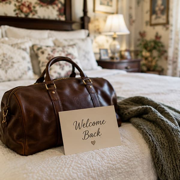 A brown leather bag sits on a neatly made bed beside a "Welcome Back" sign.