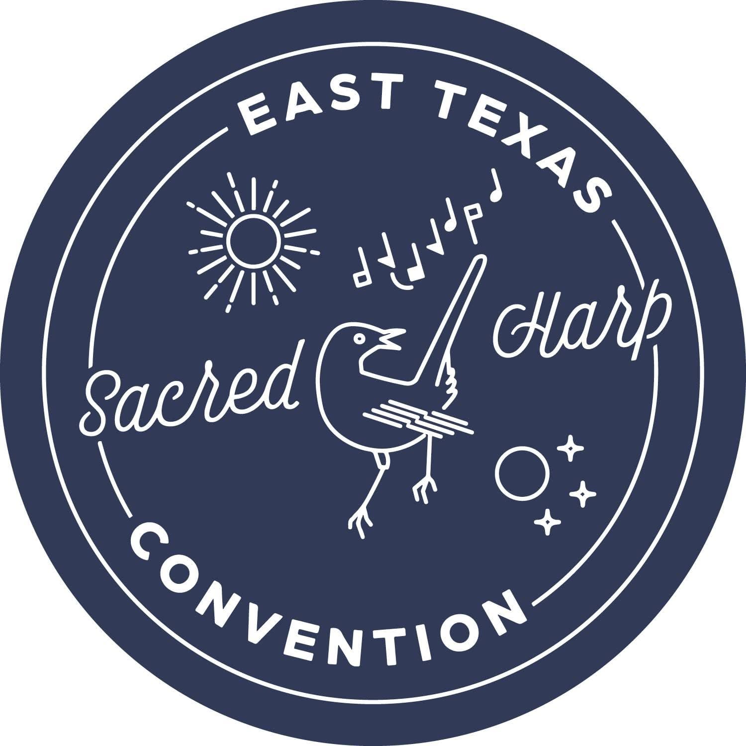 Logo for the East Texas Sacred Harp Convention featuring a bird, musical notes, and celestial symbols.