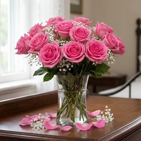 A bouquet of pink roses with baby's breath in a clear vase, surrounded by scattered rose petals.
