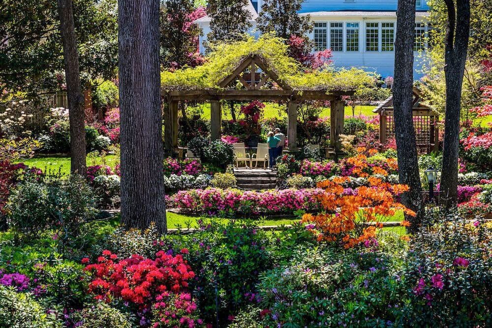 A lush garden filled with colorful flowers surrounds a wooden pergola where two people are seated.