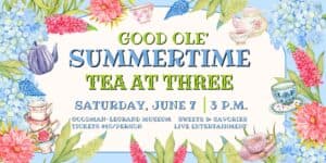 Illustrated event flyer for a summer tea party at the Guggenheim-Leonard Museum on June 7 at 3 p.m., featuring floral decorations and teacups.