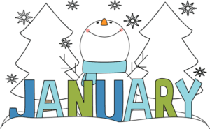 A cheerful snowman stands between two snow-covered trees with the word "JANUARY" in colorful letters beneath. A cheerful snowman stands between two snow-covered trees with the word "JANUARY" in colorful letters beneath.