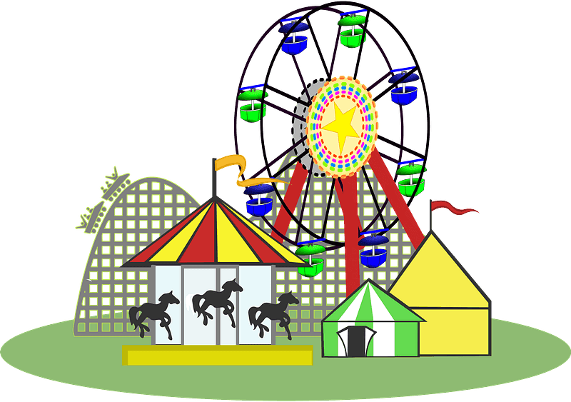 A colorful amusement park scene featuring a carousel, a Ferris wheel, and a roller coaster.