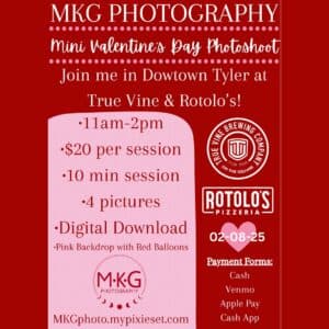 Promotional flyer for MKG Photography's Mini Valentine's Day Photoshoot on February 8, 2025, featuring session details and payment options.
