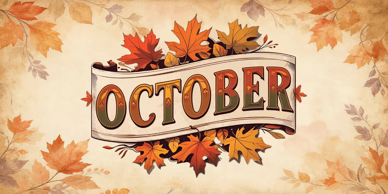 Text graphic featuring the word "OCTOBER" surrounded by autumn leaves.