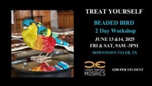 A colorful beaded bird sculpture is displayed alongside details for a two-day workshop in Tyler, TX, on June 13 and 14, 2025.