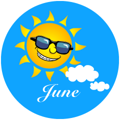 A cartoon sun wearing sunglasses with clouds and the word "June" beneath it. A cartoon sun wearing sunglasses with clouds and the word "June" beneath it.