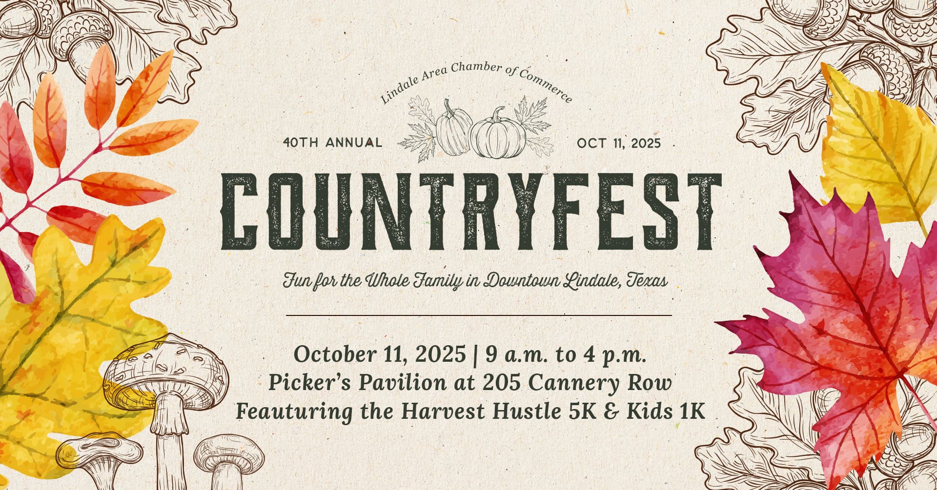 Promotional poster for the 40th Annual CountryFest in Lindale, Texas, on October 11, 2025, featuring family-friendly activities and a 5K run.