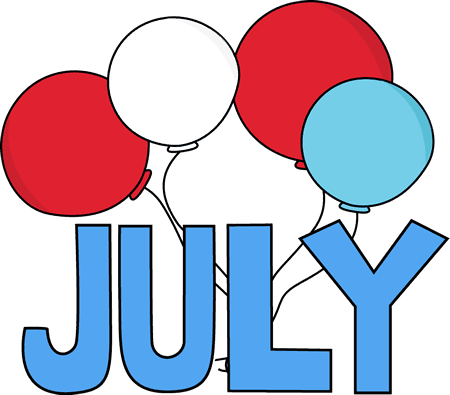 The word "JULY" in large blue letters, topped with red, white, and blue balloons. The word "JULY" in large blue letters, topped with red, white, and blue balloons.