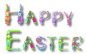 Colorful text that reads "Happy Easter" with festive decorations.