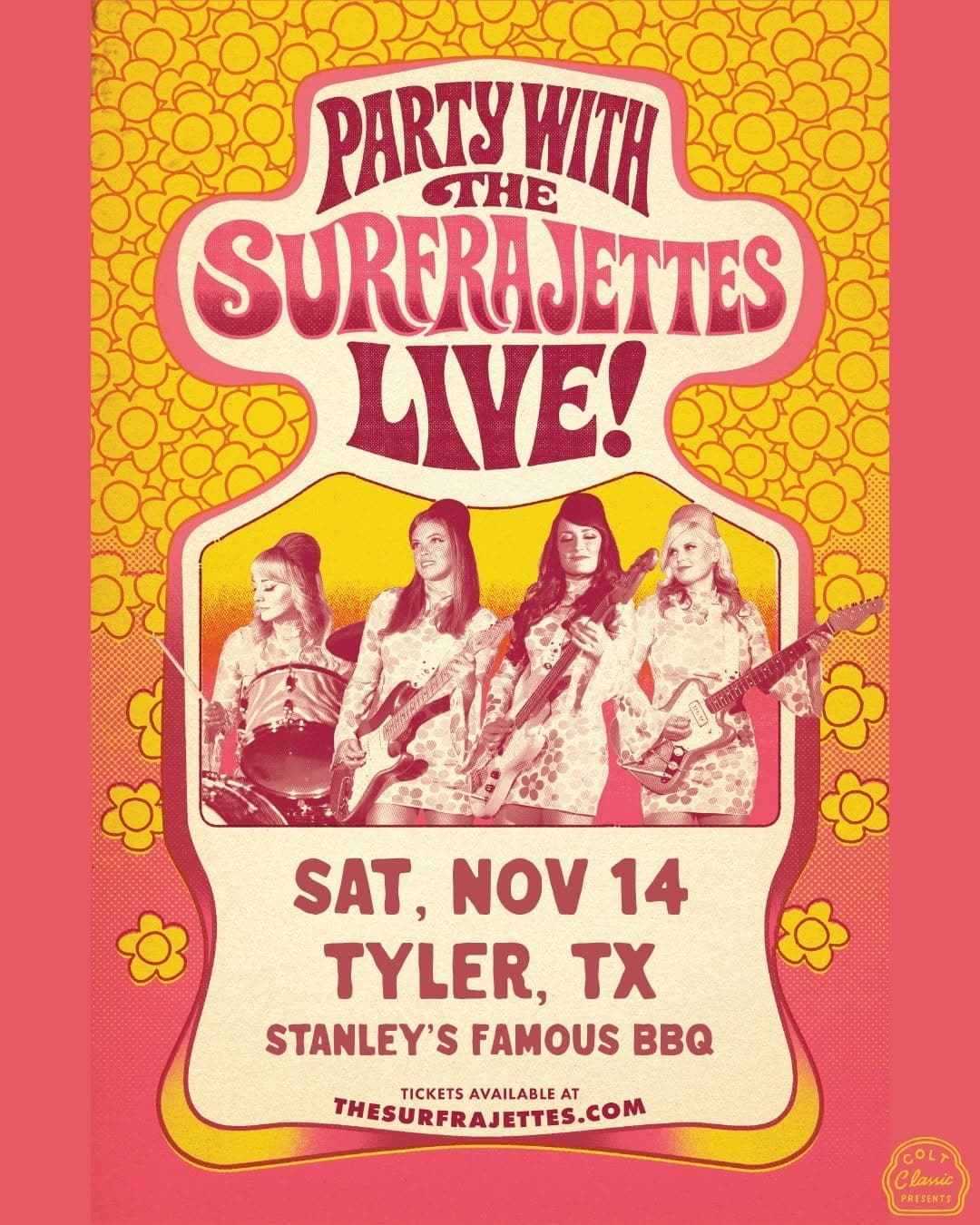 Promotional poster for a live concert by The Surfrajettes on November 14 in Tyler, TX at Stanley's Famous BBQ.