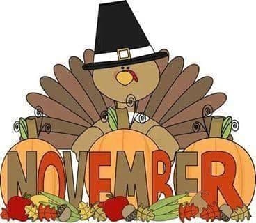 A cartoon turkey wearing a hat stands behind pumpkins and the word "NOVEMBER."
