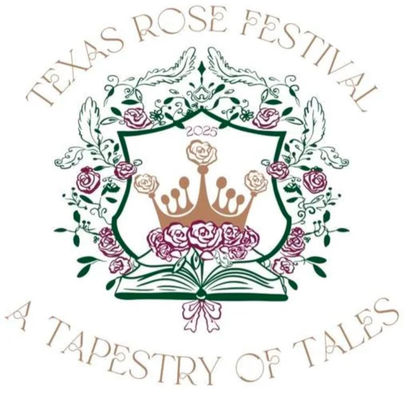 Logo for the Texas Rose Festival 2025, featuring a crown, roses, and the tagline "A Tapestry of Tales."