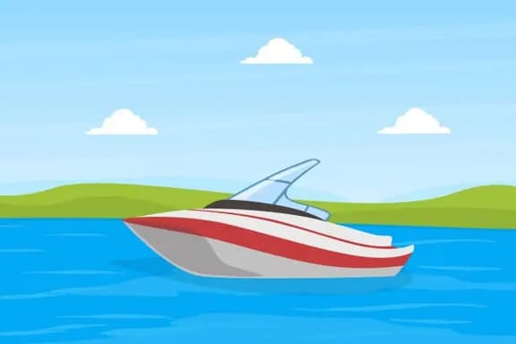 White boar with red striping and a whindshield sits on blue water with a green hillside in the background