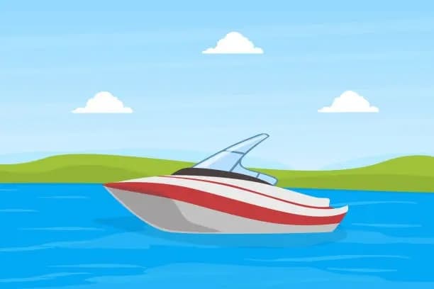 White boar with red striping and a whindshield sits on blue water with a green hillside in the background