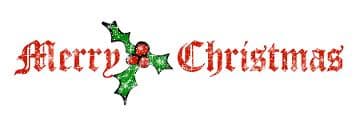 words in red letters Merry Christmas with Holly leaves and Berries between Merry and Christmas