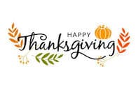 Words Happy Thanksgiving surrounded by fall leaves and a pumpkin