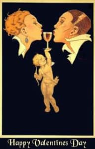 Black background-cherub in the lower middle holding up a wine glass -uper part is a victorian couple kissing over the wine glass