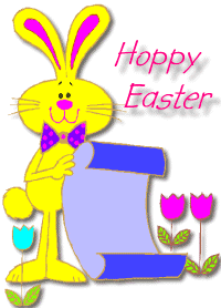 Image of a yellow easter bunny holding a purple scroll. one blue tulip on the left and tw pink tulips on the right. The word Hoppy Easter in pink are at the top right
