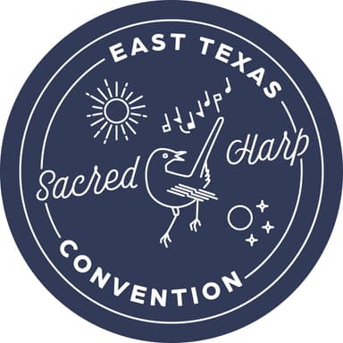 Logo for East Texas The Sacrad Harp Convention round with a bird in the middle and musical notes