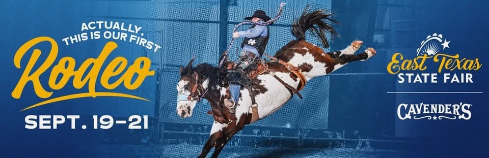 man on a bucking horse wording is actually this is our first rodeo sept 19-21 East Texas Sate Fair