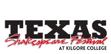 Large words in black Texas under that in red script the sords Shakespeare Festival and below the red letters to the bottom right the wordsin black At Kilgore College