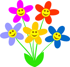 Colorful clip art of 5 daisy like flowers attached to a green 2 leaf base