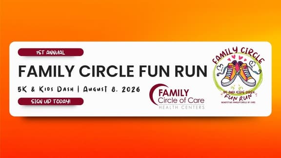 orange background with the words family circle of care fun run and all the info for the run
