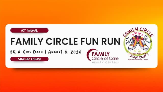 orange background with the words family circle of care fun run and all the info for the run