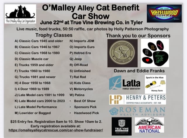 Poster explaining the trophy classes for the O'Malley Alley Cat Benefit Care Show