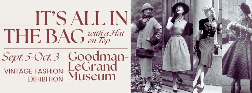 On the right several women in dress from the 40's with handbags on the left announcing the exhibit