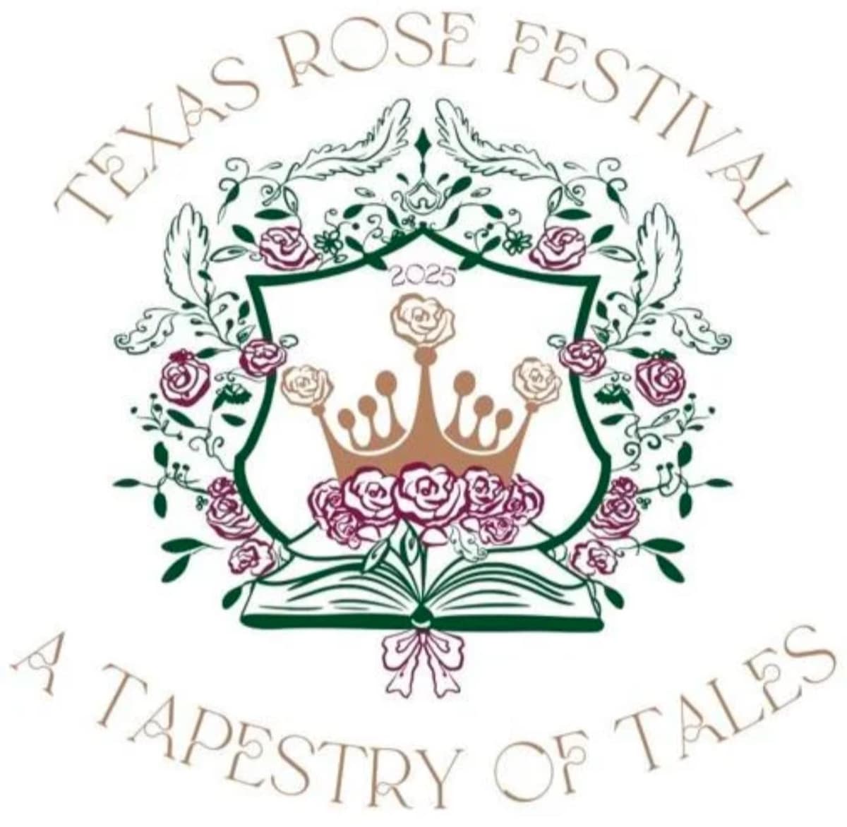poster for the Texas Rose Festival Tapestry of Tales clip art of a crown surrounded by roses and leaves