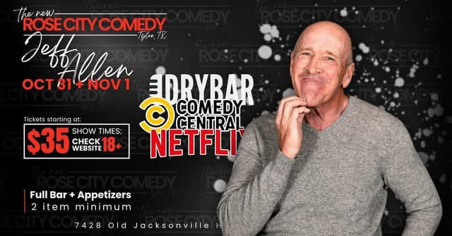 Jeff allen scratching his chin the words Drybar Comedy Central Netflix Rose City Comedy