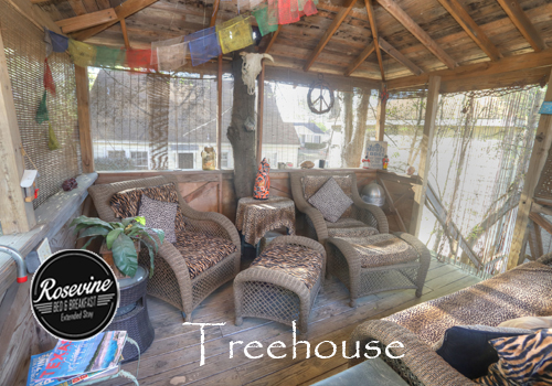 Wicker chairs with cushions in a treehouse