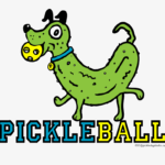 Image of a dog that also looks like a pickle holding a yellow ball the word Pickleball is at the bottom