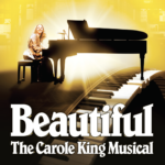 Image of Carole King sitting at Grand Piano advertising Beautiful the musical