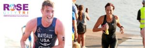 On the left is a man with a tank top and the words Rose City Tri on the right side is a woman running with a smile