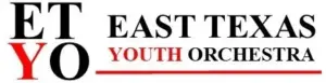 Logo in Balck and Red reads East Texs Youth Orchestra