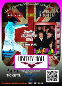 Poster announcing a concert Sept 11 Beatles meet Elvis at Liberty hall 5pm
