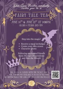 purple background poster Invitation to the Tyler Civic Theatre Fairy Tale Tea June 14 and 21 at 1 pm ages 4 and up
