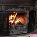 Fire burning in Courtyard fireplace